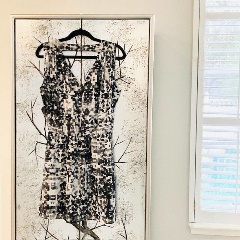 Parker $253 Women's Small Black White Abstract Print Sleeveless Mini Dress - Picture 2 of 11